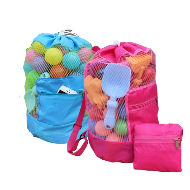 Foldable Beach Toy Bag Beach Storage Pouch Tote Mesh Bag Travel Toy Organizer Sundries Net Drawstring Storage Backpack