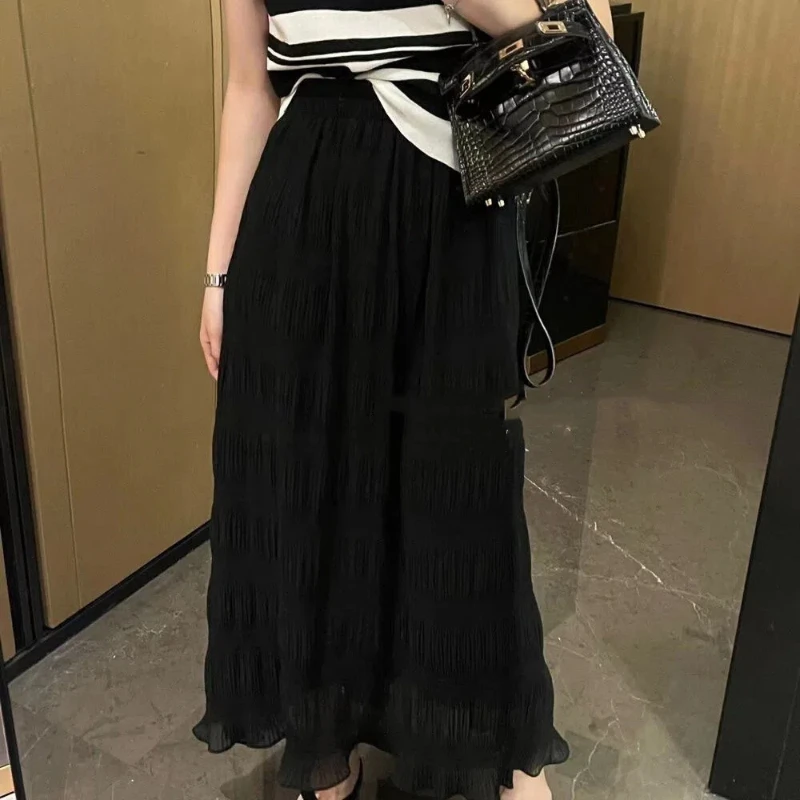 Sweet Young Style Summer New Solid Women's Elastic Waist Pleated Simplicity Fashion Casual High Waist Mid-length A-line Skirt