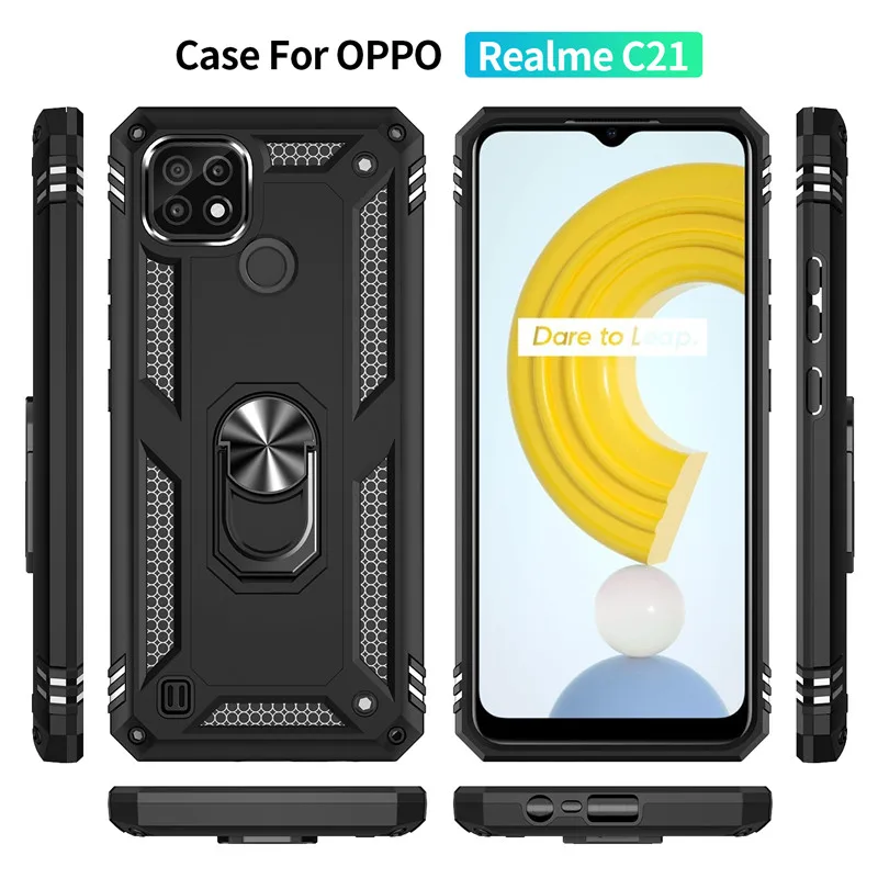 For OPPO Realme C21 Case TPU Bumper Shockproof Armor Back Cover Stand Holder Car Ring Phone Case For RealmeC21 Protective Shell