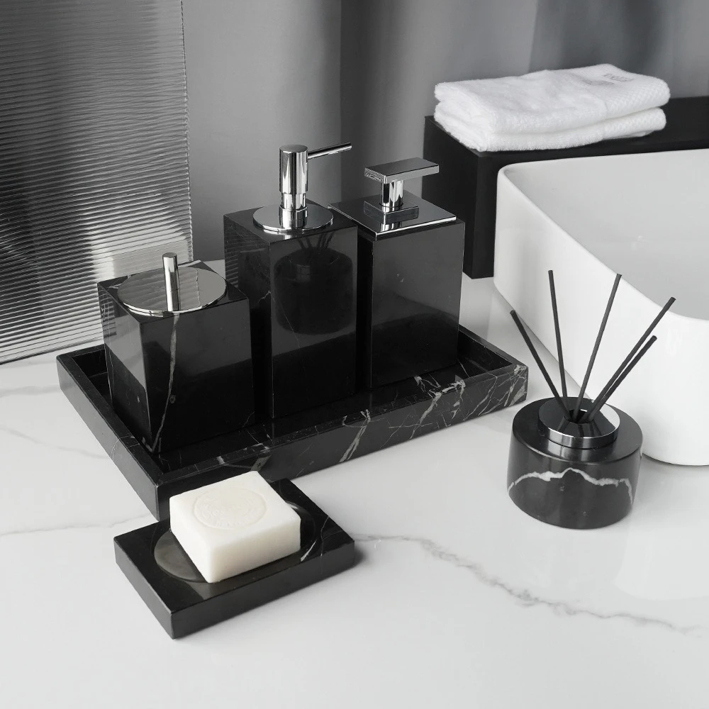 Marble hotel, five-piece toiletries set, bathroom sink, marble tray.