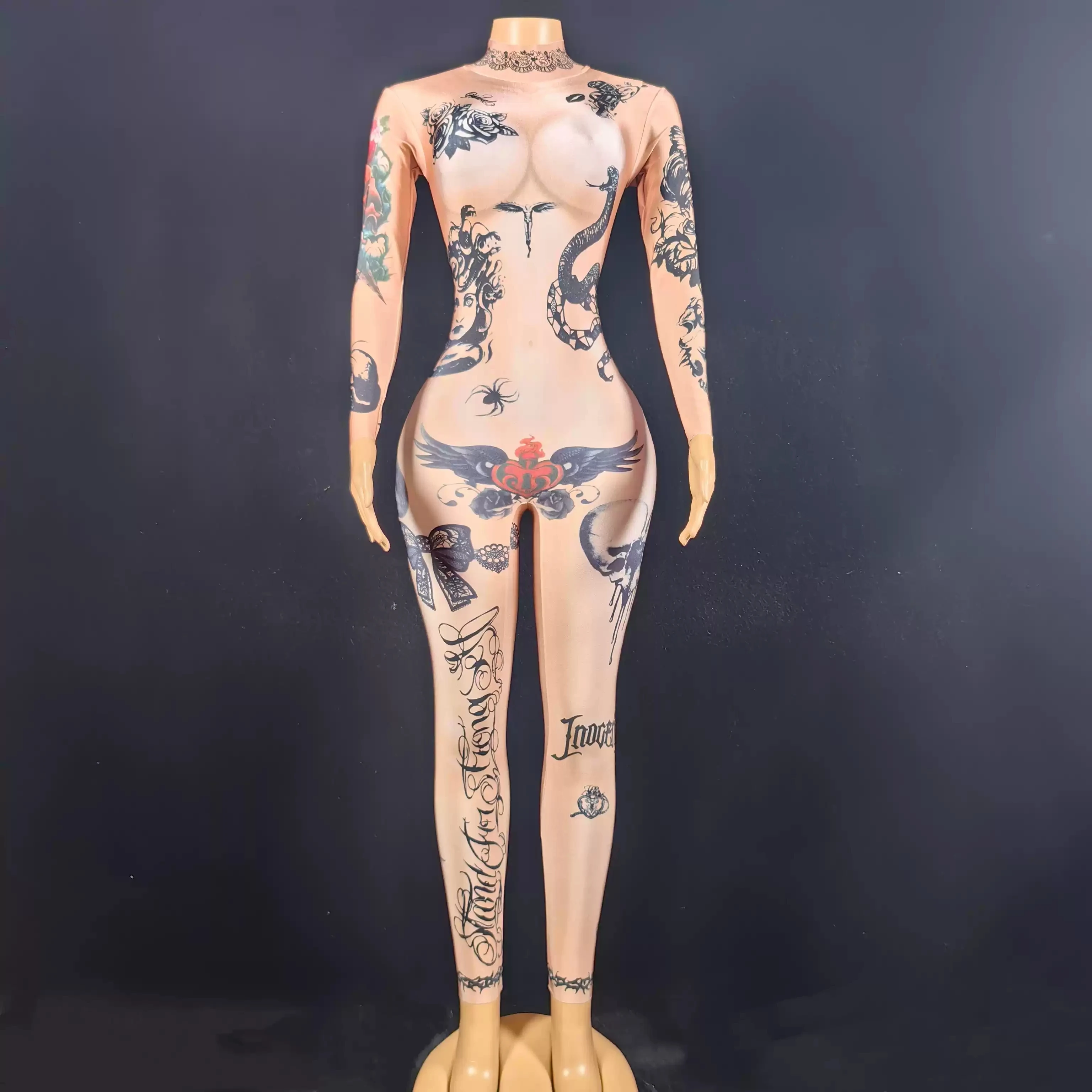 Mono Sexy con estampado 3D de tatuaje desnudo para mujer, traje de fiesta para club nocturno, ropa de escenario, ropa de actuación para bailarina y cantante, celebración
