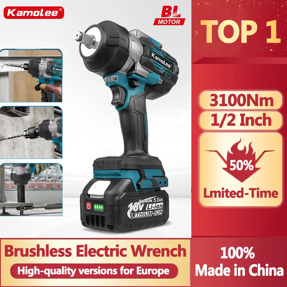 Kamolee 3100NM Impact Wrench 1/2 inch Cordless For Makita 18v Battery