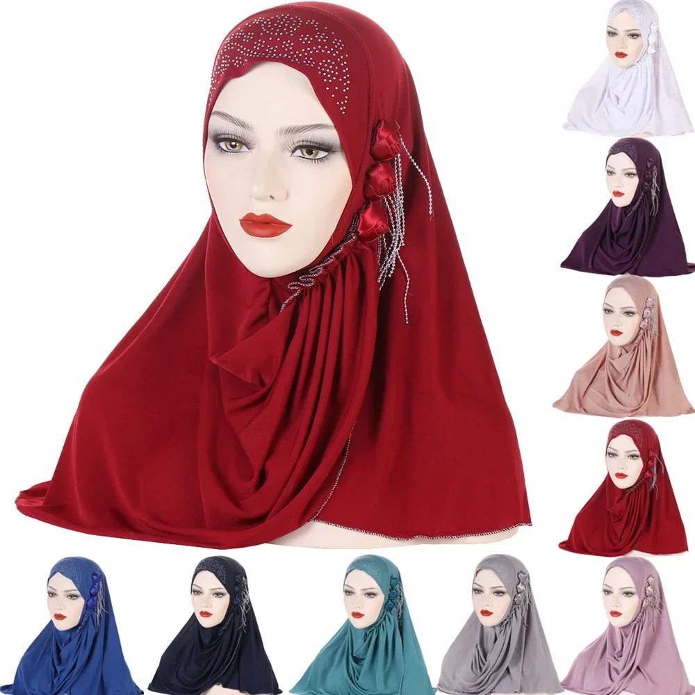 Muslim Women Instant Hijab Flower Tassel Turban Prayer Pull On Wear Scarf Islamic Amira Hat Shawl Ramadan Headwrap Headband Caps