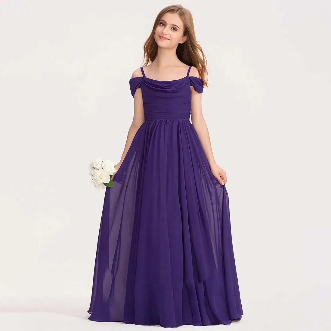 YZYmanualroom Chiffon Junior Bridesmaid Dress A-line Cold Shoulder Floor-Length 2-15T