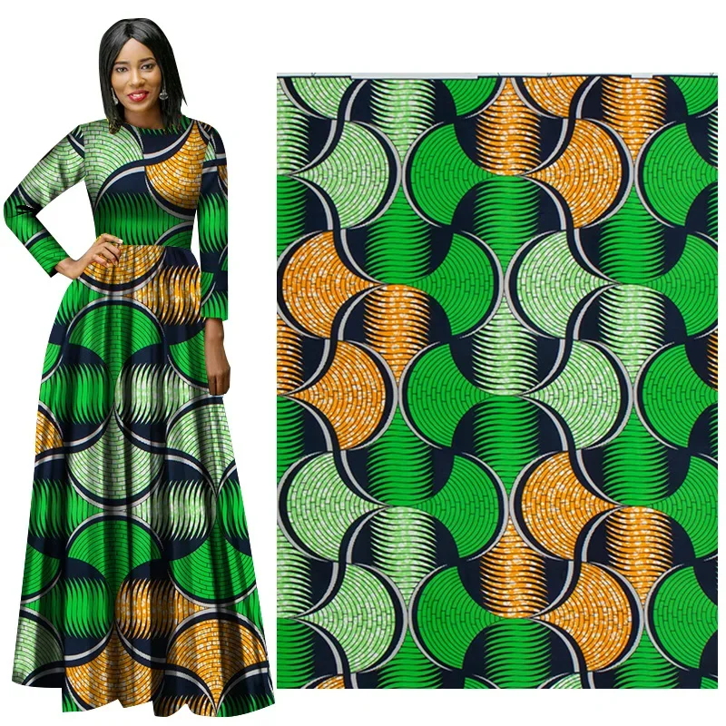 Tecido impresso africano para costura, Material de poliéster para mulheres vestido, pano, brincos, vestidos, vestidos verdes, 6 jardas por lote