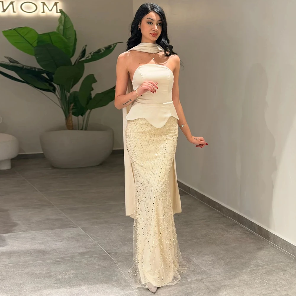 

Luxury Beading Mermaid Evening Dress with Ribbons for Women Customized Special Occasion Gowns Sleeveless Strapless Party Dresses