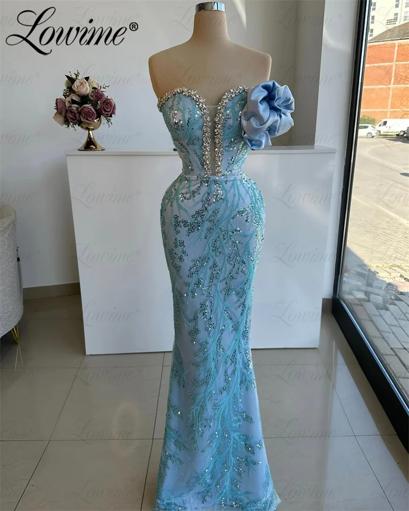 Fashion Blue Arabic Party Dress With Silver Crystals Handmade Flower Formal Occasion Dresses Robe De Soiree 2024 Prom Dress Gown