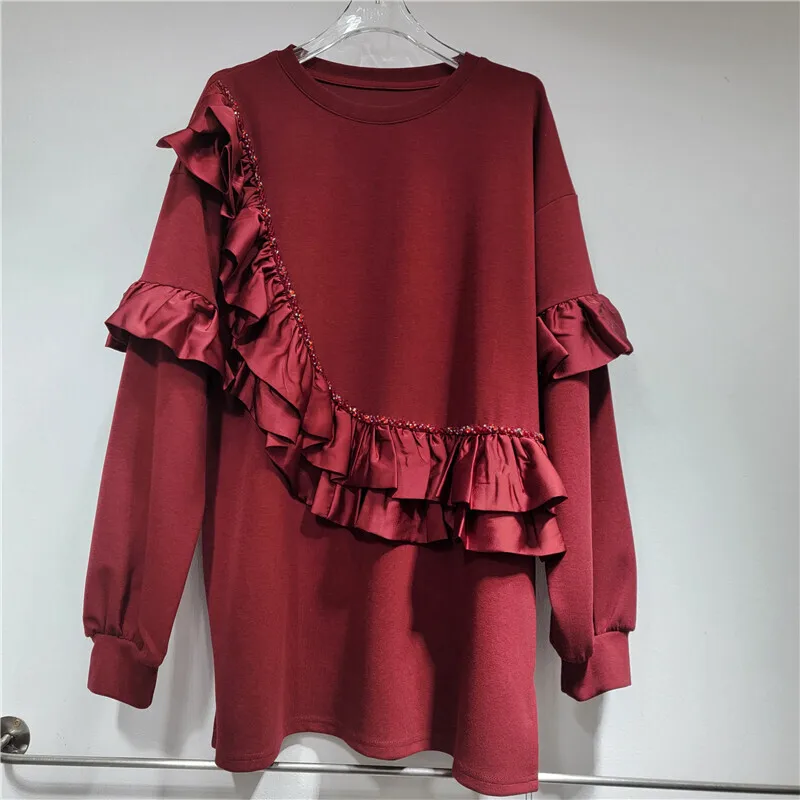 DEAT Women's Sweatshirt Loose O-neck Long Sleeve Solid Color Spliced Irregular Ruffles Edge Pullover 2025 New Fashion 29L8571