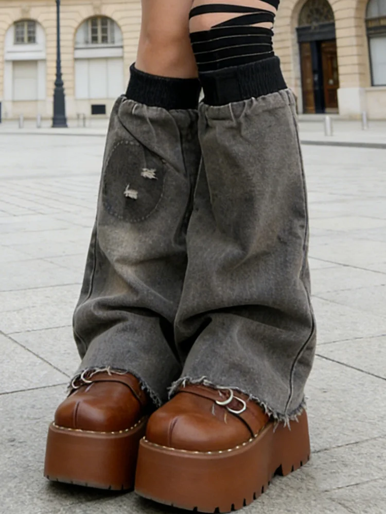 PBAP Destroyed Women Denim Boots Cover Light Wash Patchwork Knee Long Raw Edge Flared Leg Warmers Grunge Harajuku Streetwear