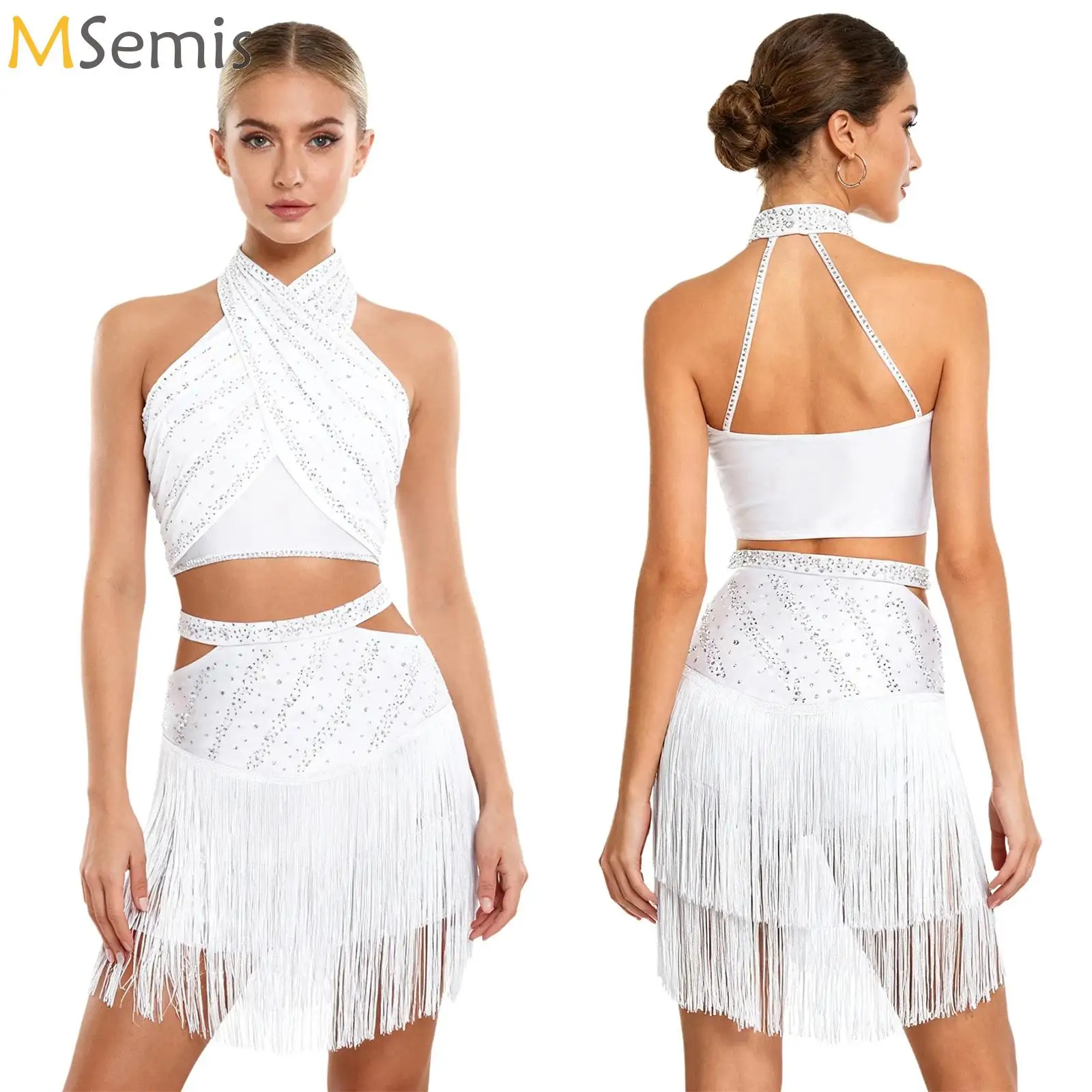 

Women Latin Dance Rhinestones Crop Top with Skirts Outfit Belly Dance Jazz Rumba Chacha Tango Performance 2-piece Dancewear Set