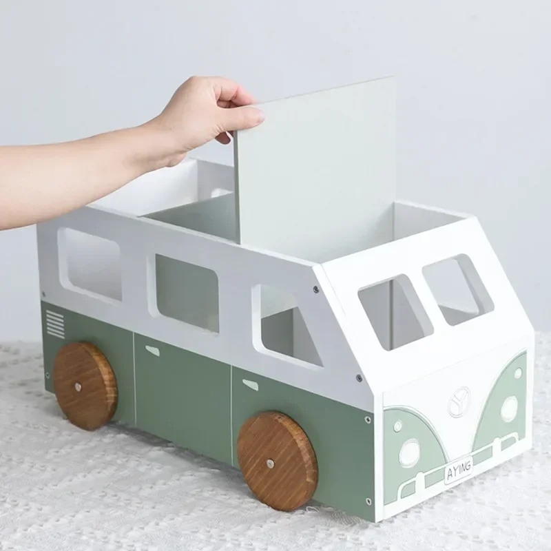 Wooden Bus Storage Cart Picture Book Organizer Movable Divider Bookshelf Bay Window Bedside Durable Design Easy Mobility