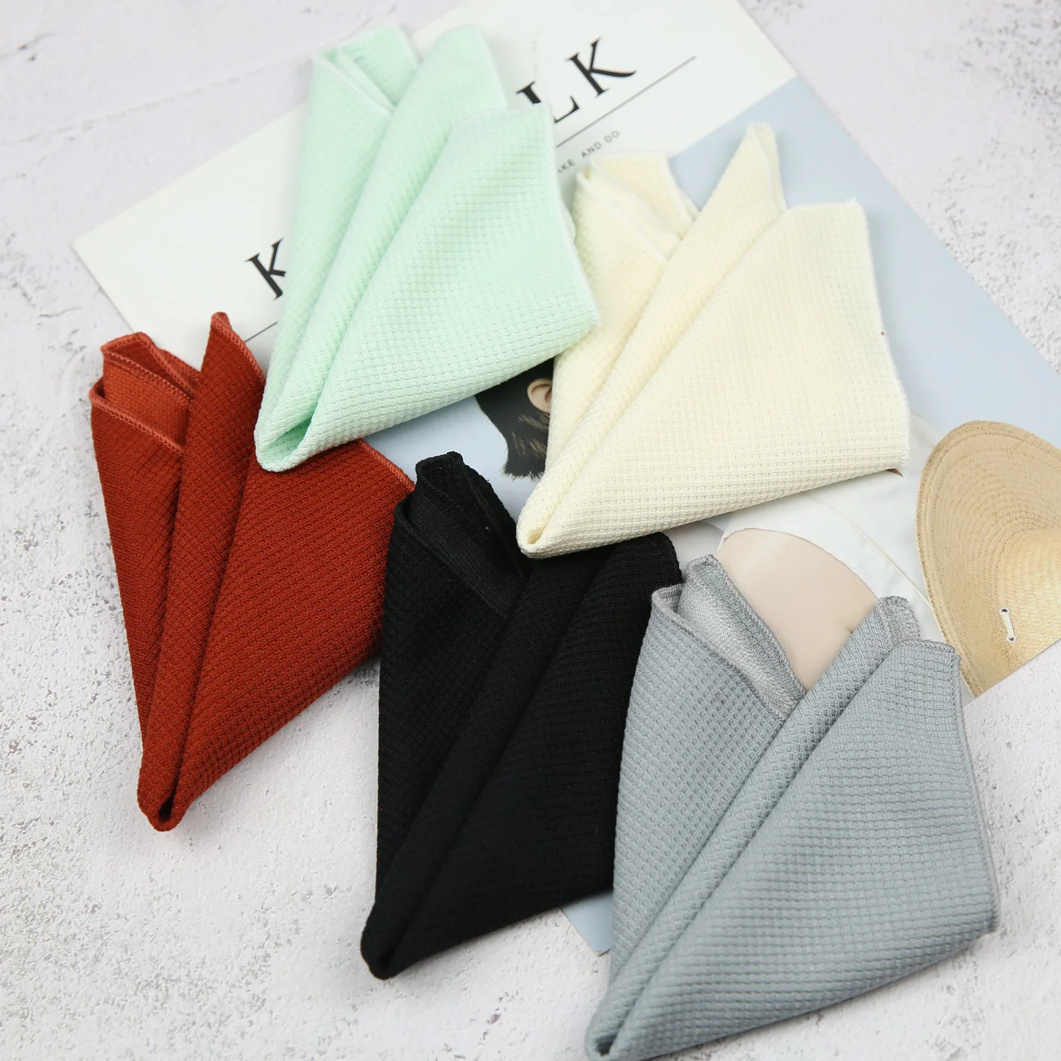 

23cm New Plaid Solid White Pocket Square Knitted Cotton Handkerchief Soft Casual Scarf Business Men's Suit Accessories Hanky