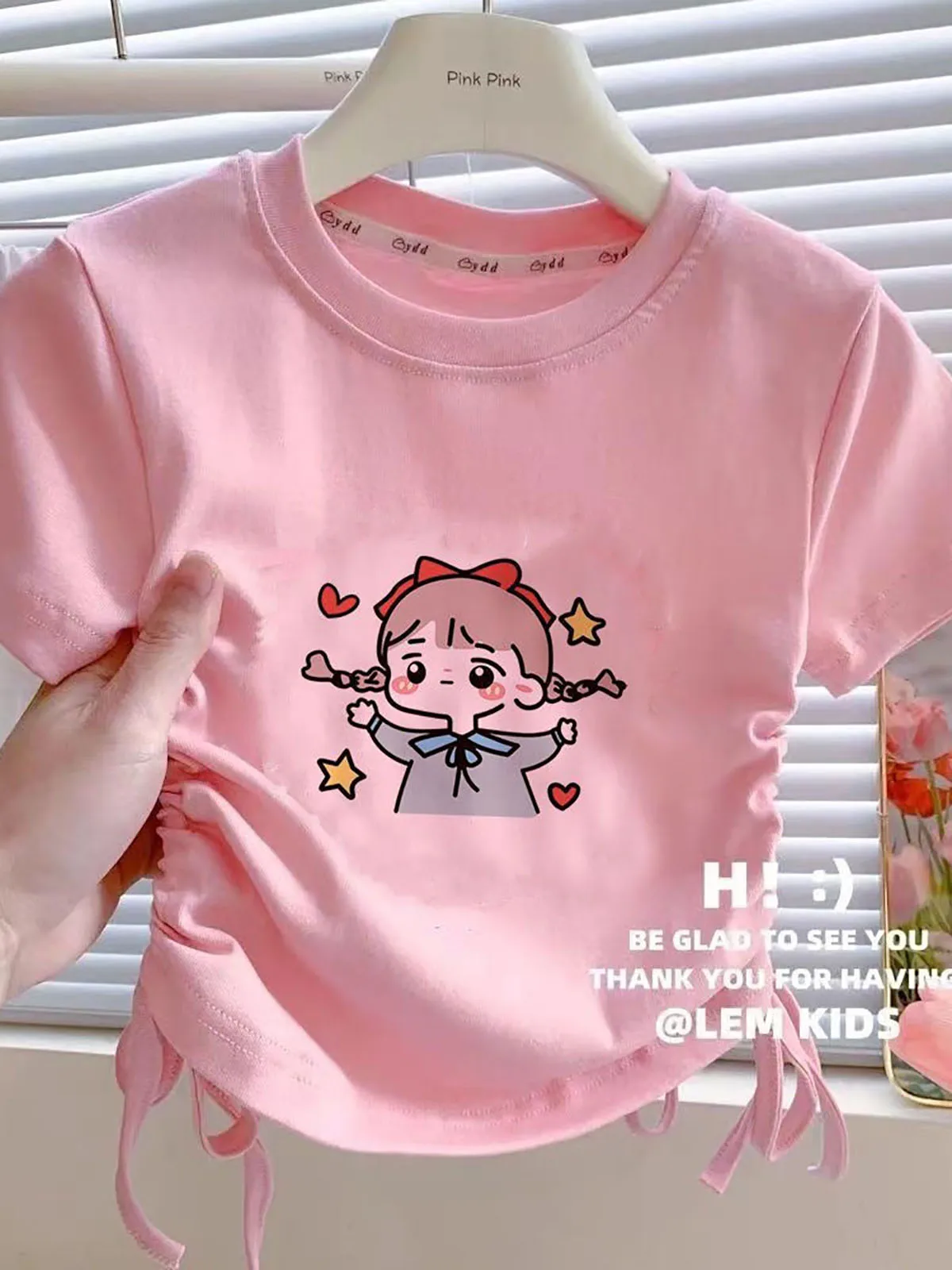 Summer New Girls T-shirt Sweet Cartoon Cotton Short Sleeved T-shirt Fashion O-neck Drawstring Design Half Sleeved Top