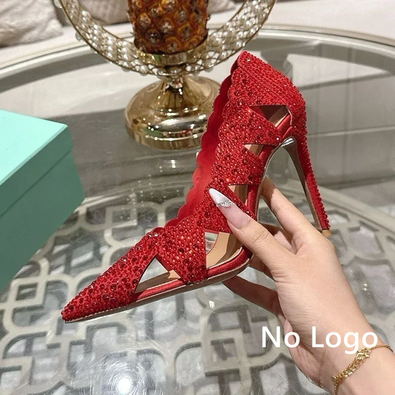Ultra-high heel single shoes women's shoes rhinestone decoration shallow mouth sexy banquet shoes summer hollow-out sandals