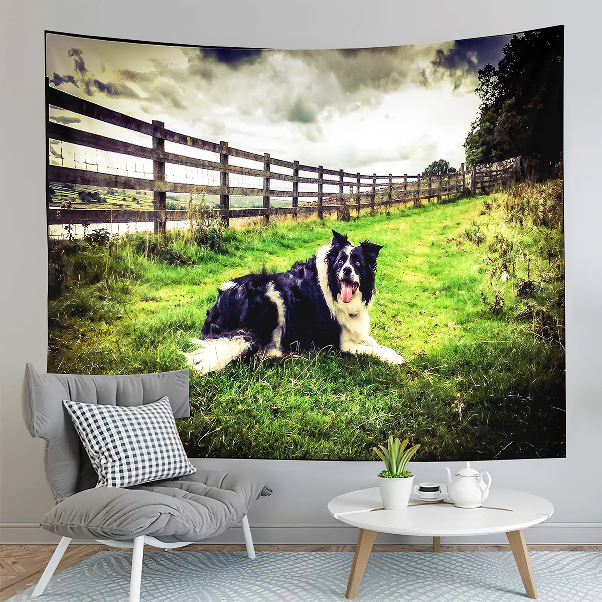 Border Collie Tapestry Fence Pastures Tapestry Adorable Animal Tapestry Creativity Art Tapestries Home Living Room Bedroom Dorm