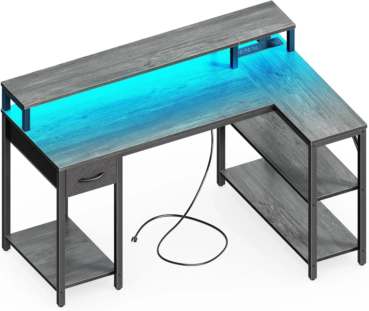 47 inch Reversible L Shaped Desk with LED Lights & Power Outlets, Computer Desk with Shelves & Monitor Stand, Gaming D