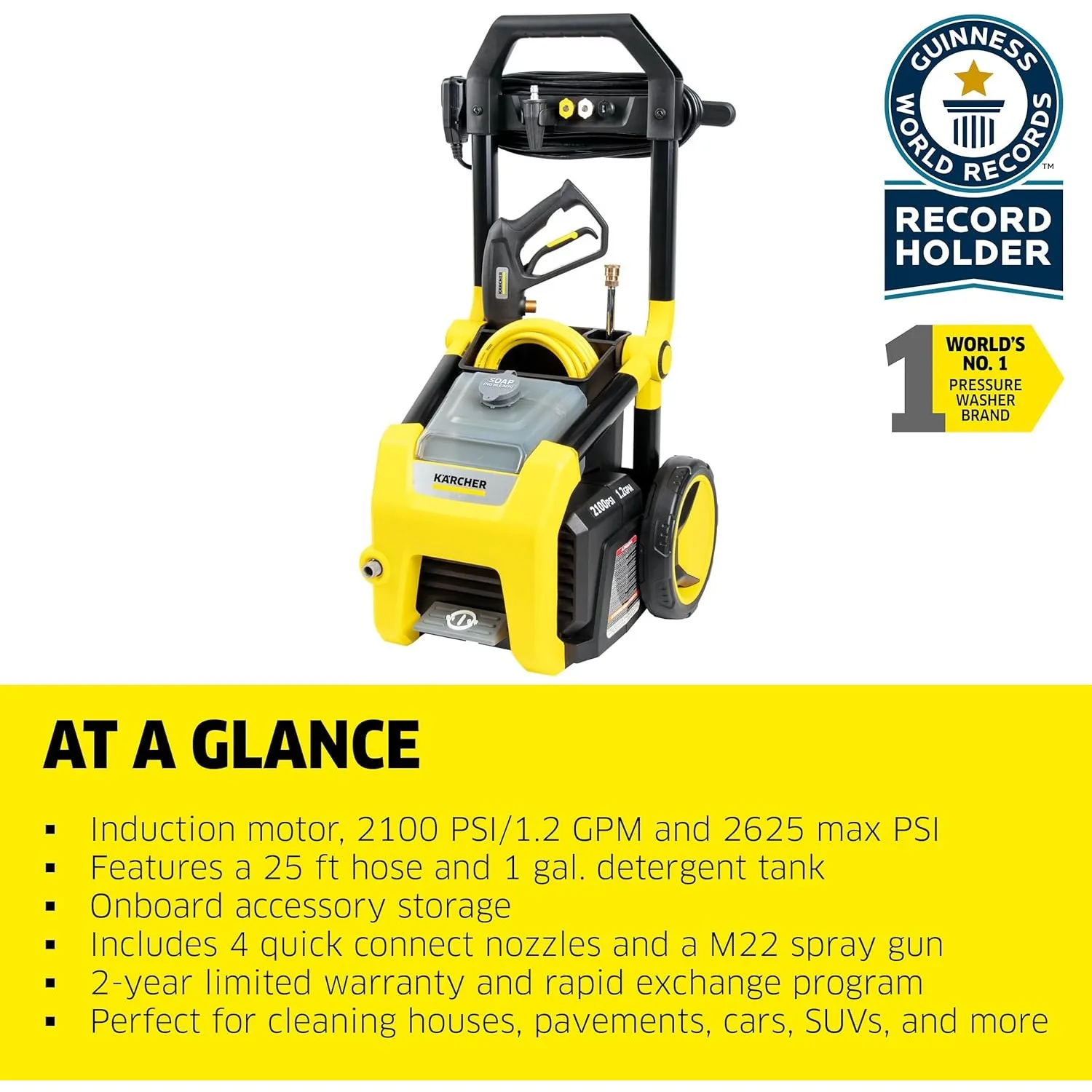 K2100PS Max 2625 PSI Electric Pressure Washer with 4 Spray Nozzles - Great for cleaning Cars, Siding, Driveways - 1.2 GPM