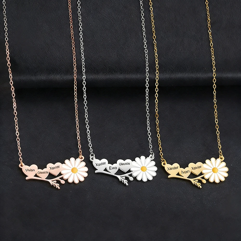 

Small Daisy Flower Custom Engraved Name Stainless Steel Heart Necklace DIY Gift For Mom Couple Anniversary Jewelry Gift