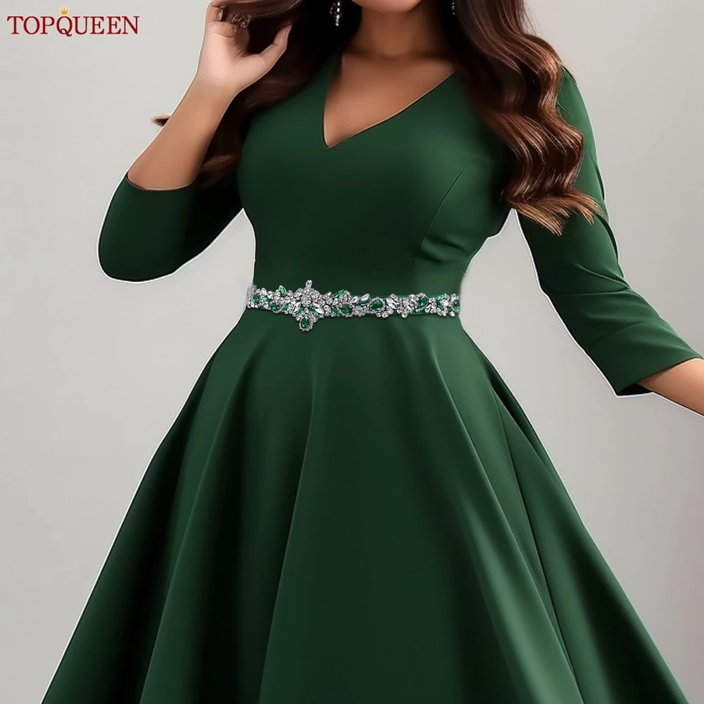 TOPQUEEN-Cinturón de boda con diamantes de imitación para mujer, accesorios para vestido de novia con diamantes verdes, faja para fiesta, S462-KL