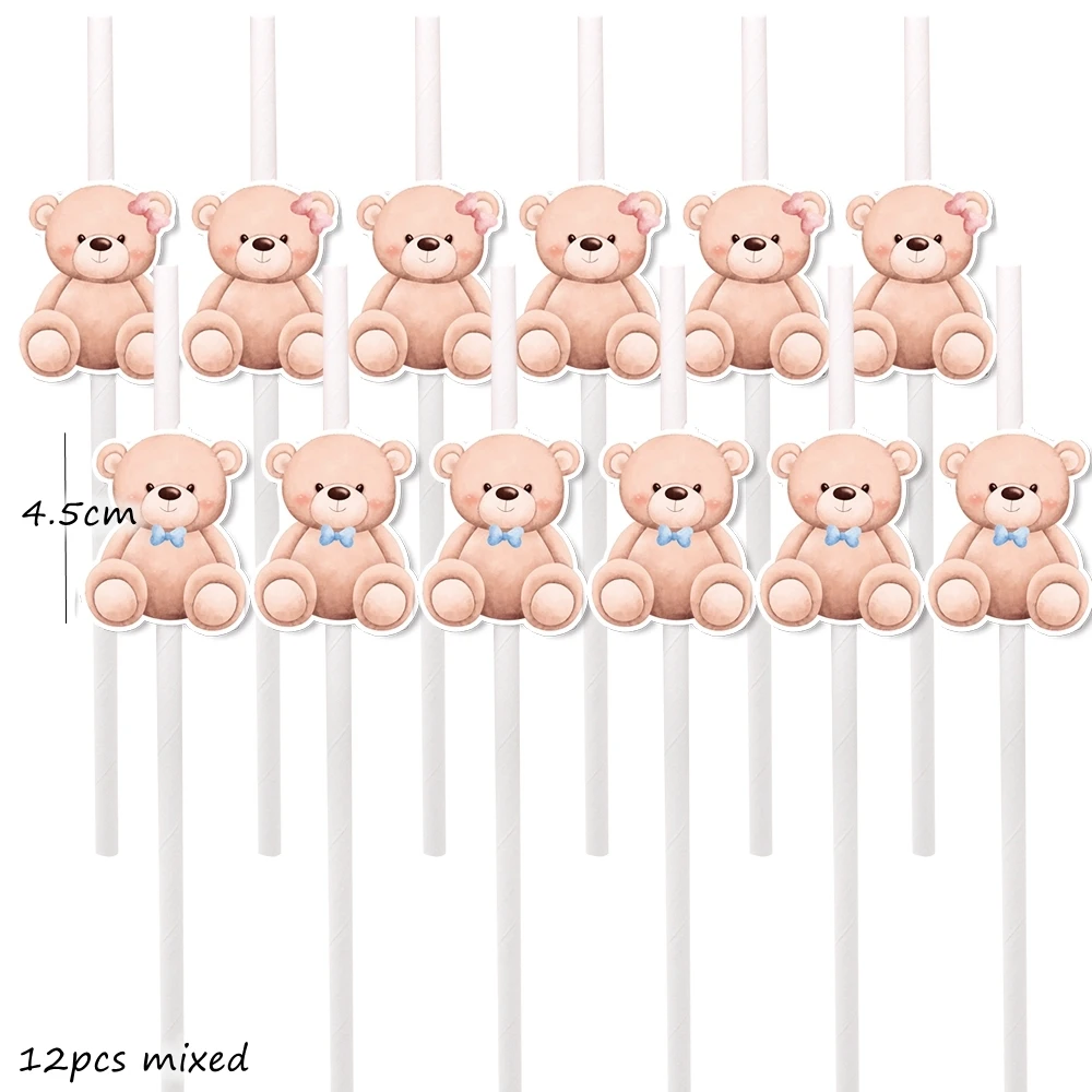 12 szt. Niebieskie słomki różowy miś eko pasiaki kartonowe słomki dla dzieci Baby Shower Party Bear tematyczne dekoracja urodzinowa