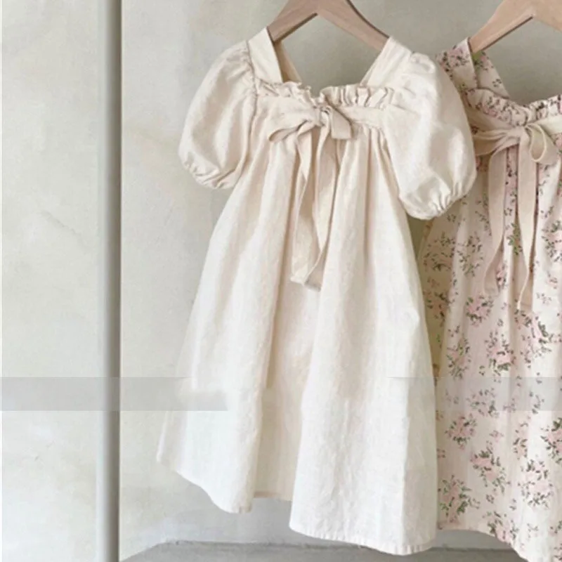 Dresses Korean version of new summer dress girls\' baby bow bubble sleeve sweet floral square neck dress