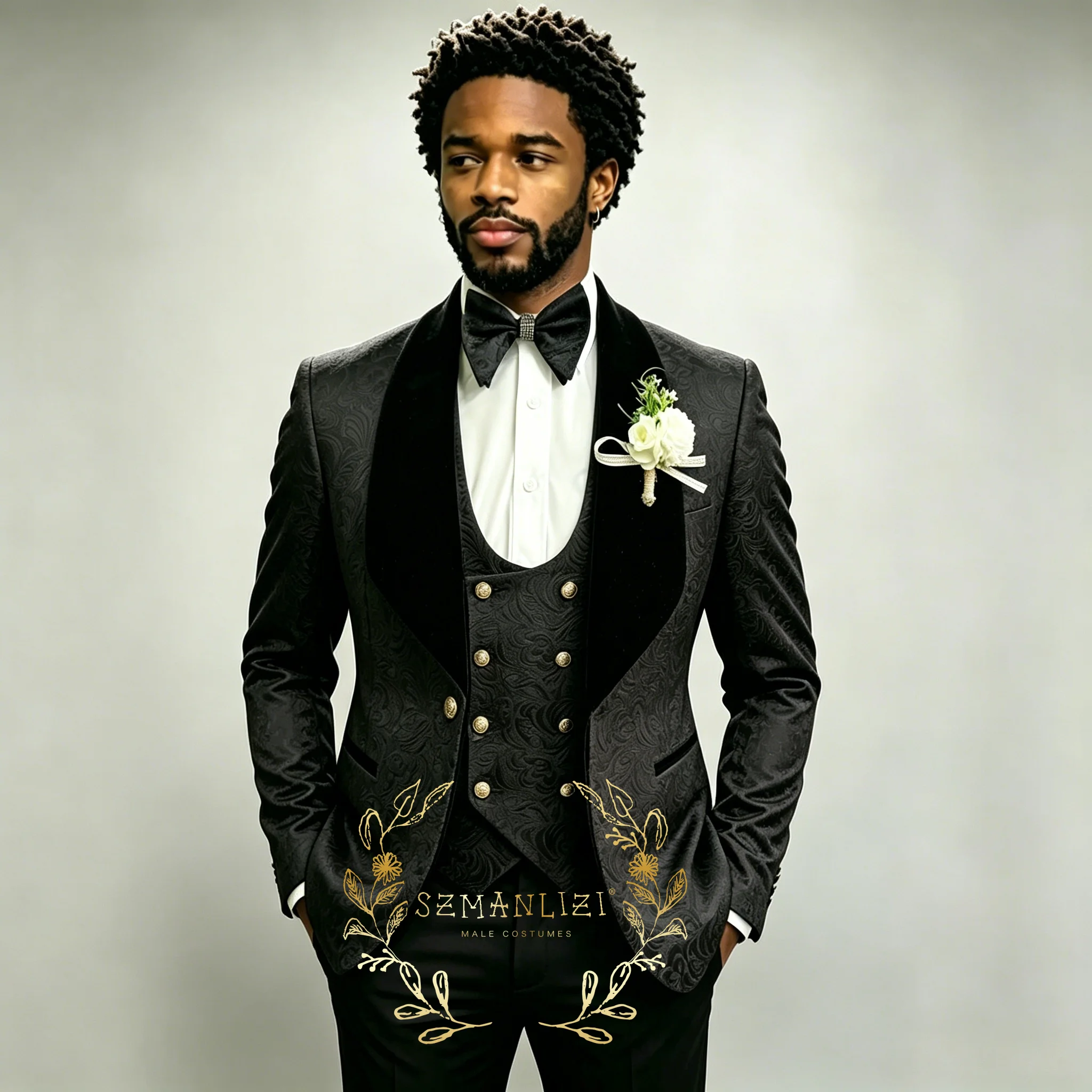 

Men Suit Sets For Wedding Groom Tuxedos 3 Piece Set For Men 2026 Black Jacquard Party Costume Blazers Coat Vest Pants Suit