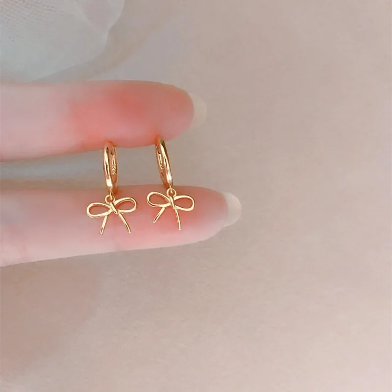 

New 925 Sterling Silver Hoop Earrings Clip Golden Bowtie Ribbon Small Cute For Women Girl Gift Jewelry Dropshipping Wholesale