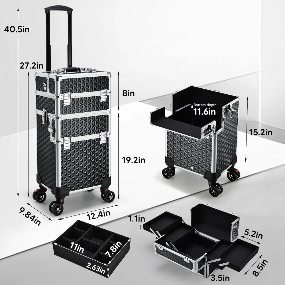 3-in-1 Rolling Makeup Case on Wheels, Large Cosmetic Trolley for Salon, Barber, Nail Tech, Hairstylist, MUA, Black view 6