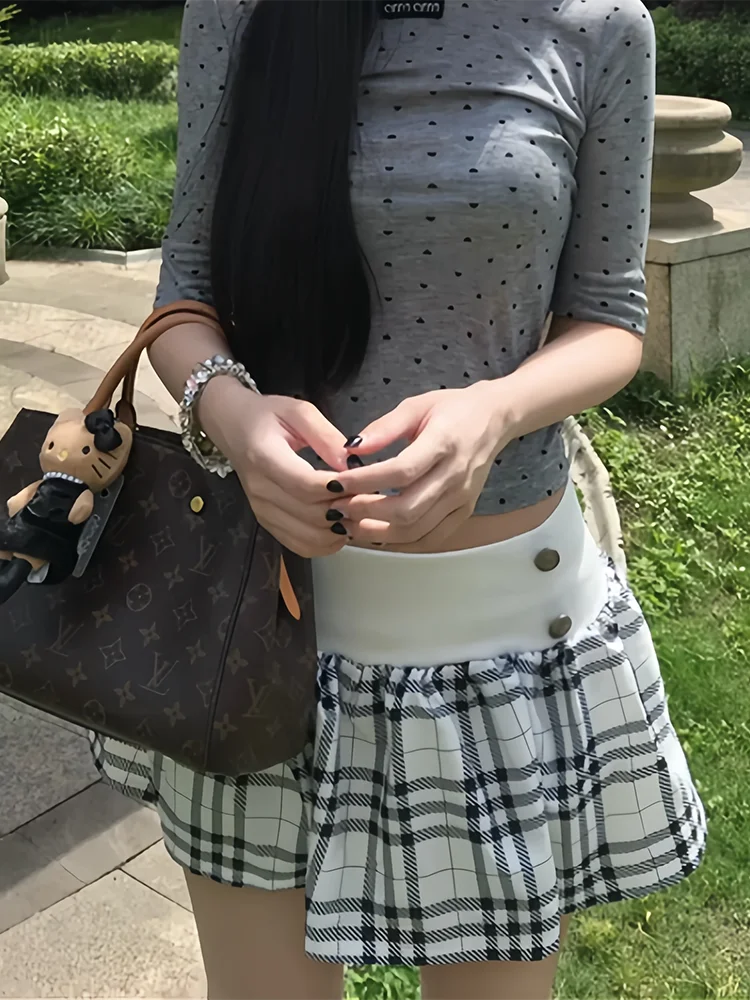 PBAP Woman Elastic Waist Plaid Uniform Skirt Kawaii Vintage Double Breasted A-line Mini Skirt Office Versatile Summer Clothes