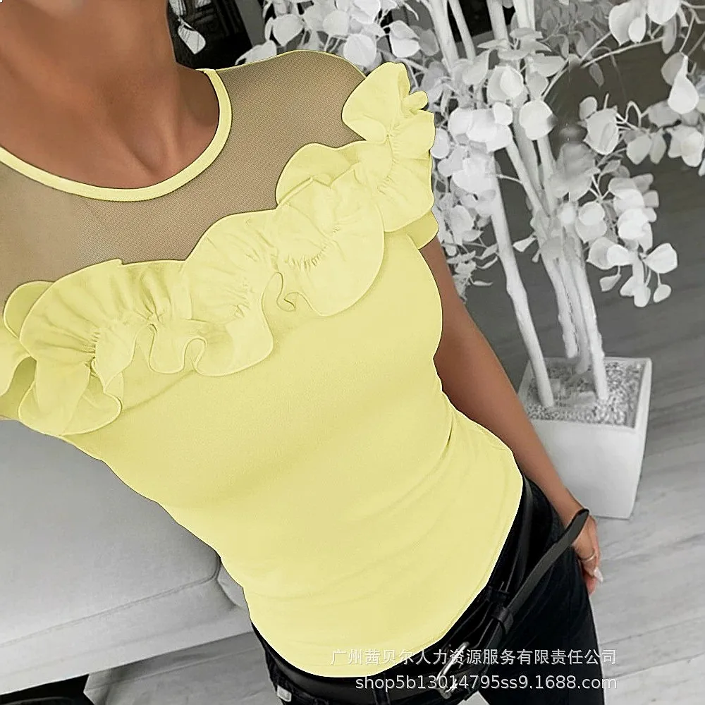 LZR20162 2026 summer short-sleeved mesh stitching three-dimensional flower slim-fit top 4