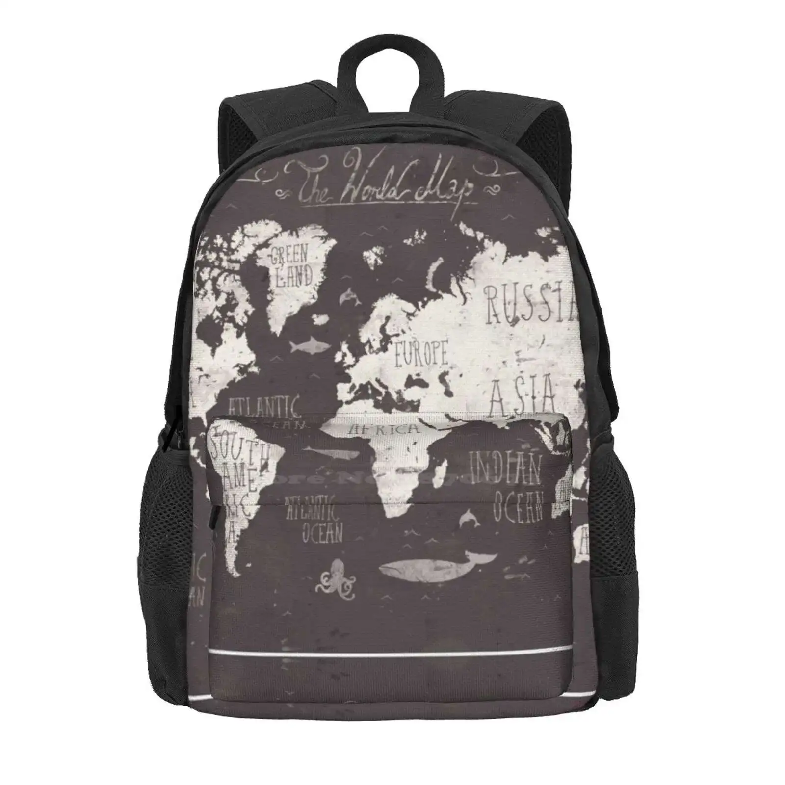 The World Map Hot Sale Schoolbag Backpack Fashion Bags Map World Europe America Africa Australia Black White Vintage Retro Old