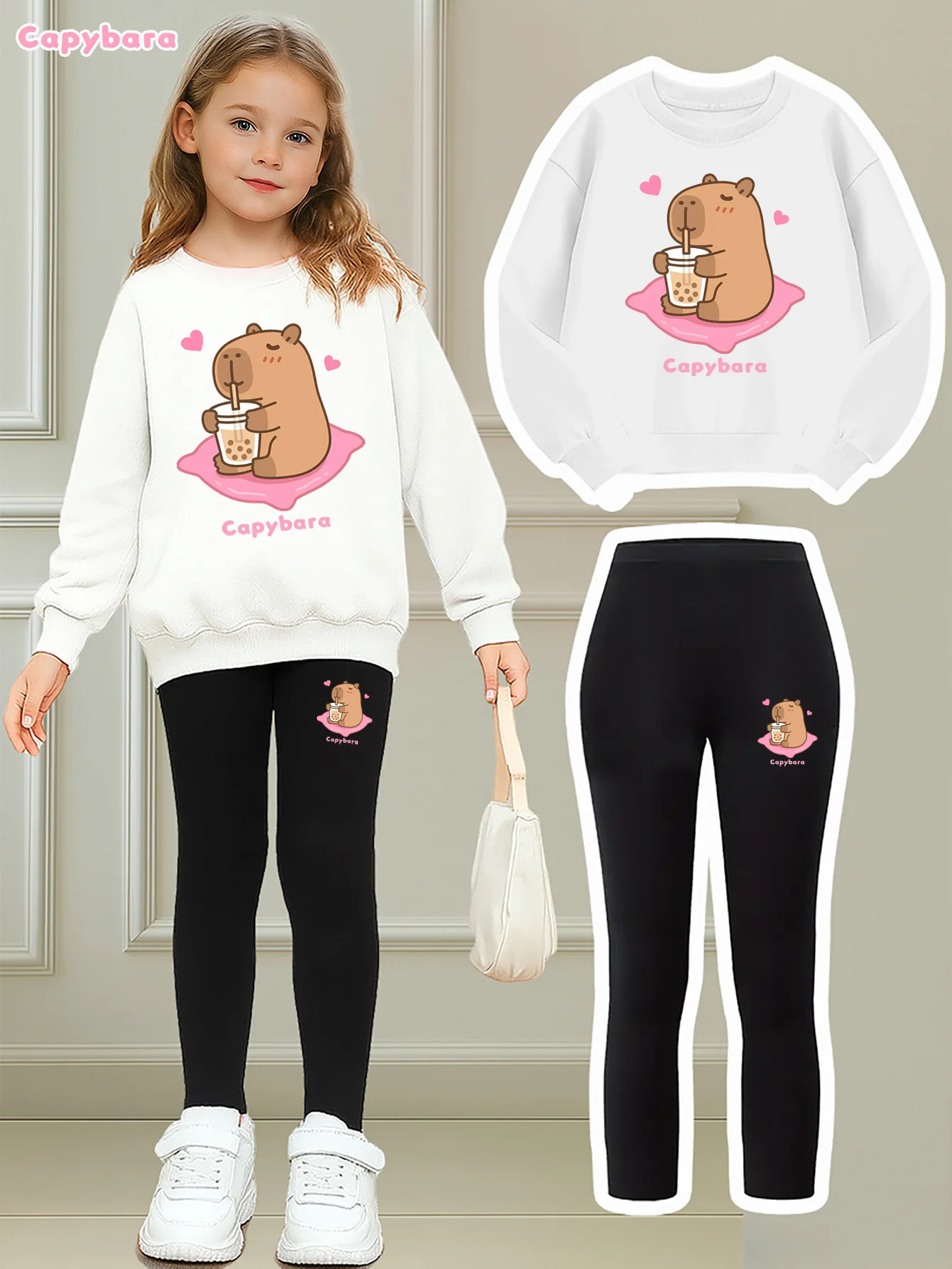 Herbstliches Freizeitoutfit für Mädchen, Kinderkleidungsset mit Herz- und Capybara-Cartoon-Print, Langarm-Sweatshirt + Leggings, zweiteiliges Set, geeignet für Mädchen im Alter von 4–12 Jahren – Detail 1