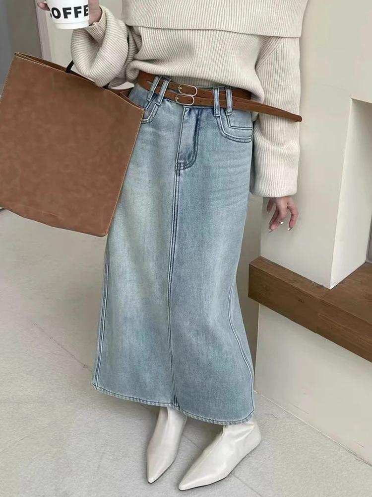 Vintage Harajuku Washed Jeans Skirts Women Loose Casual Back Split High Waist Denim Skirts Y2K Korean Fashion Long Skirts Female
