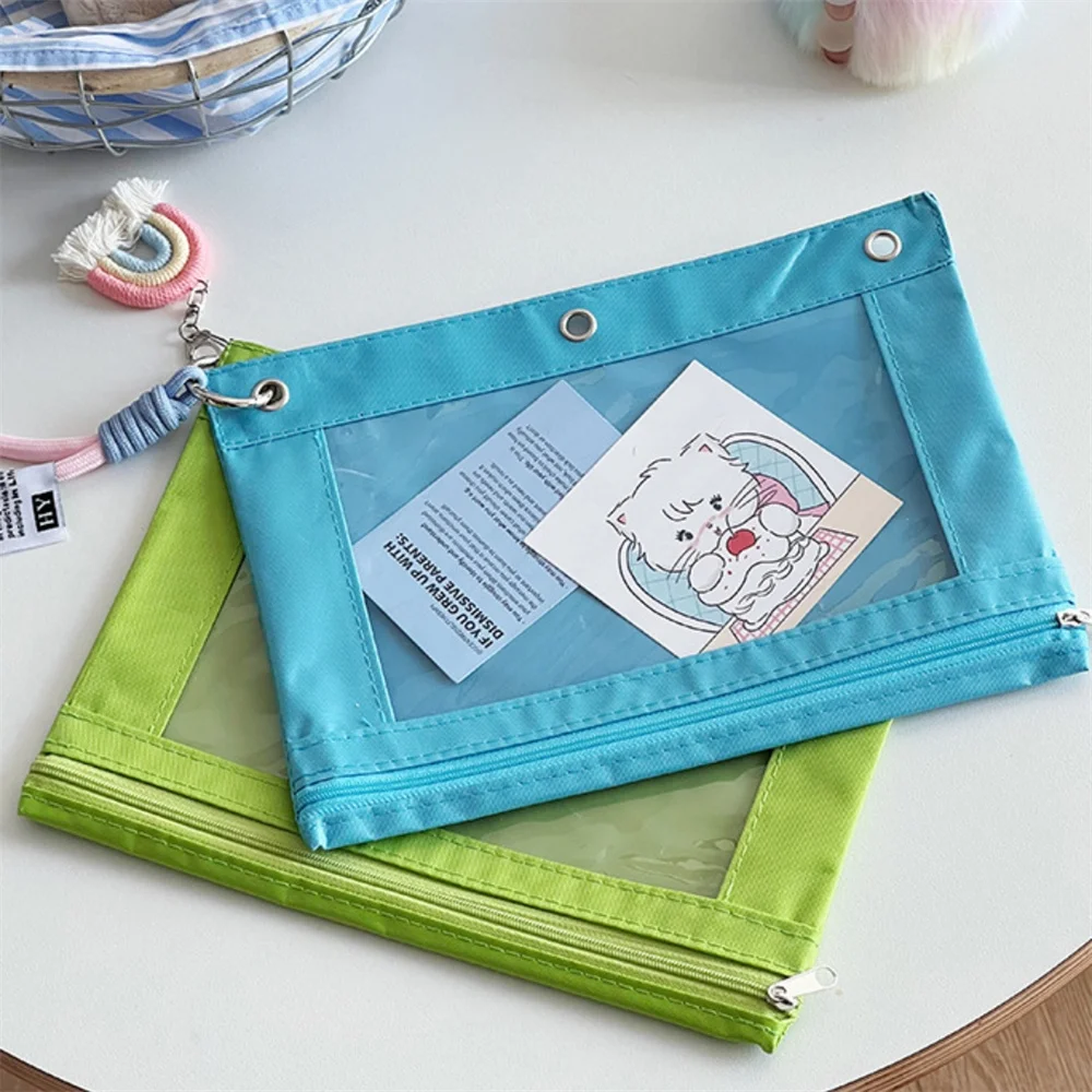 3 Holes Pencil Case Zipper Pouch Transparent Loose-Leaf Binder Oxford Cloth School Stationery File Storage Bag Office Supplies