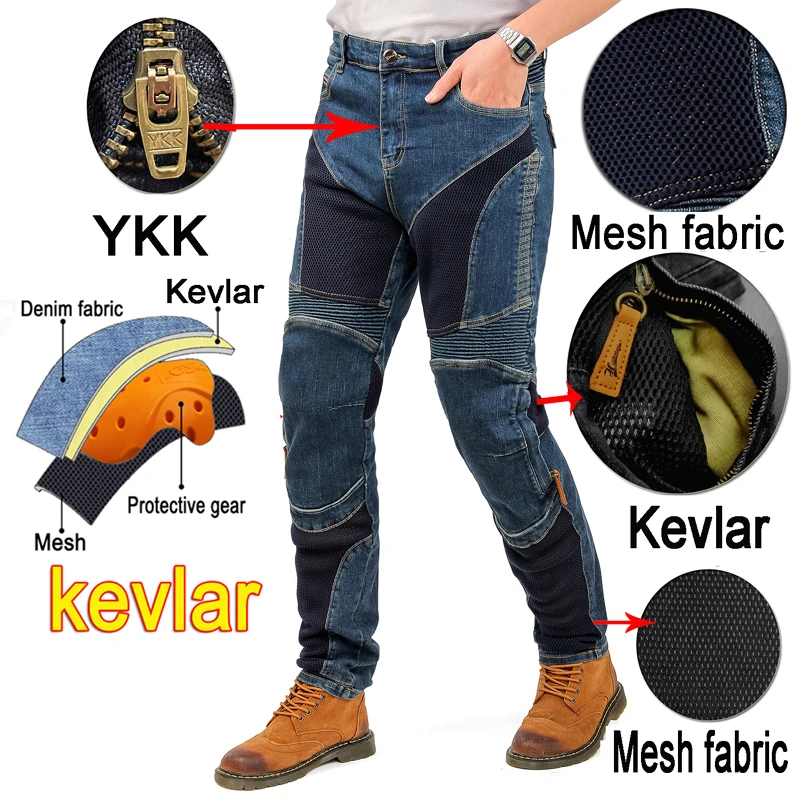 Men Summer Kevlar Motorcycle jeans Blue riding Pants abrasion Resistant mesh Ventilation with armor Pockets armor Not Included