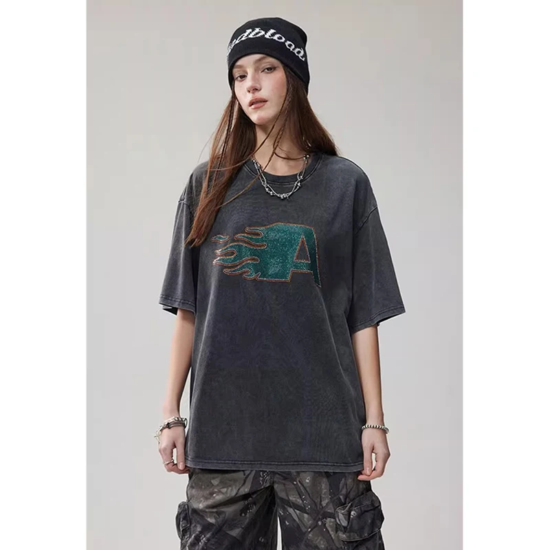 NXXTRESS Vintage Diamond Setting T-Shirts For Men/Women Cotton Short Sleeve  Acid Washed Streetwear Hip Hop Tee Clothing