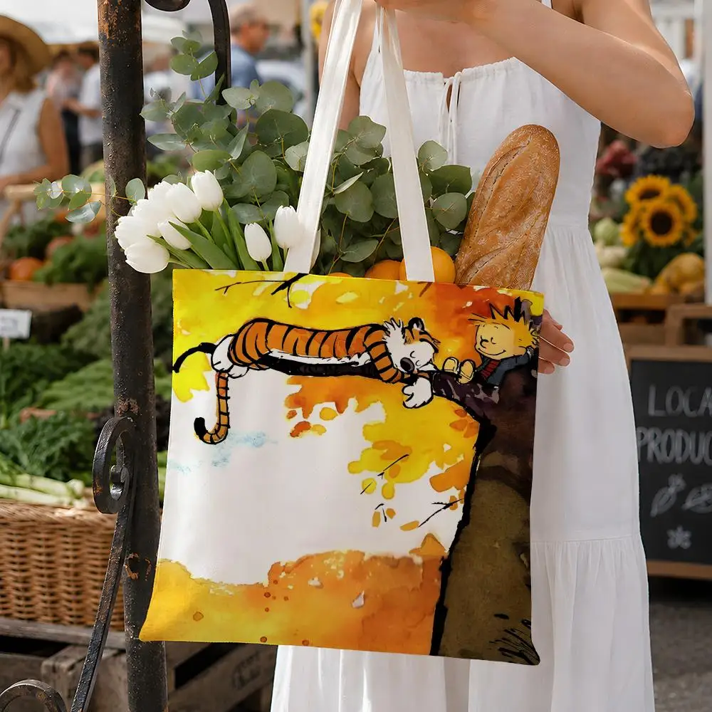 Animation Calvin and Hobbe Storage Bags Fashion Cotton 12/16oz Canvas Tote Bag Eco Friendly Reusable Large Capacity Shopping Bag