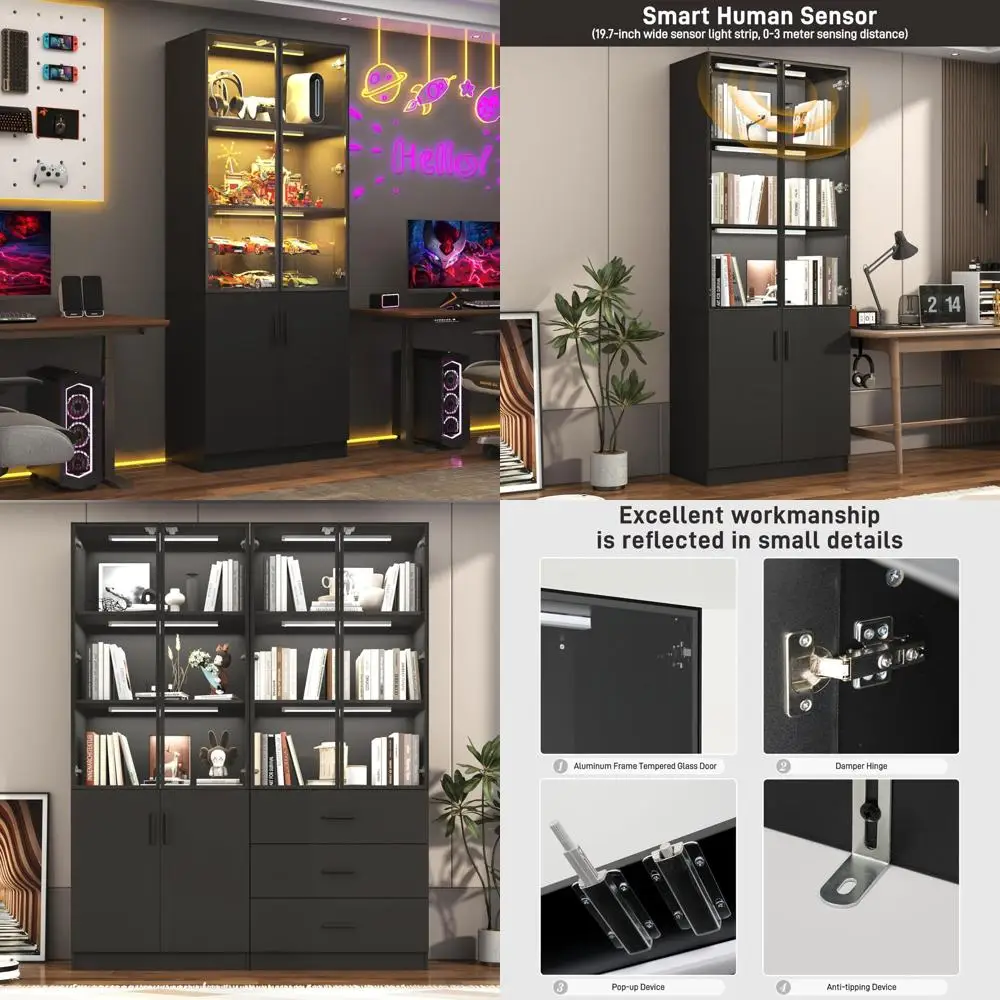 

Современная витрина со стеклянной дверью и светодиодной подсветкой для стильного домашнего хранения