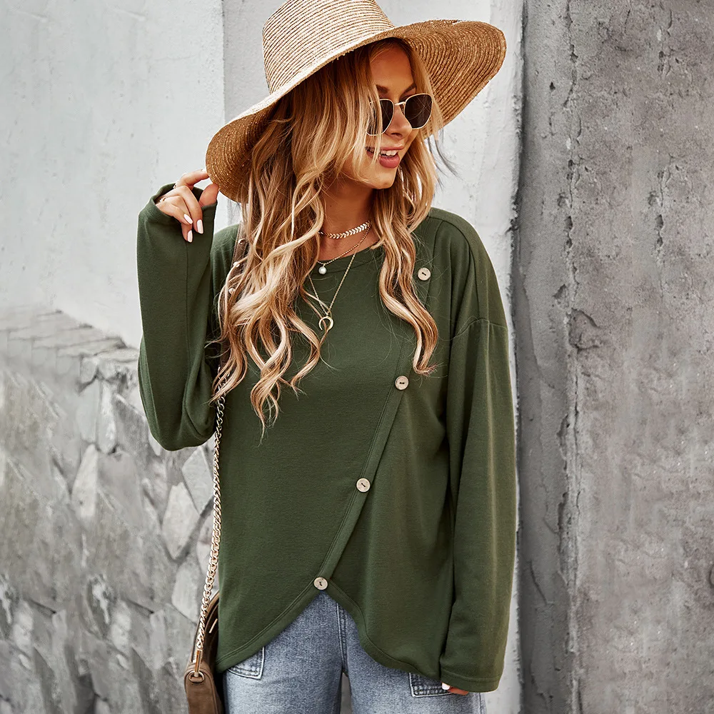 

2023 New Button Cotton Pullover Autumn Winter Warm Irregular Pullovers Women Fashion Solid Colors Long Sleeve O-Neck Sweatshirts