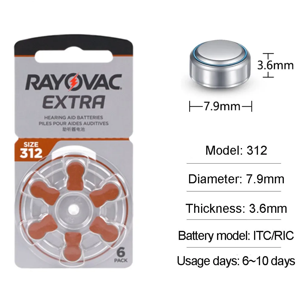 60 pcs Rayovac Extra Zinc Air Hearing Aid Batteries A312 312A ZA312 312 PR41 S312 PR41 Hearing Aid Battery