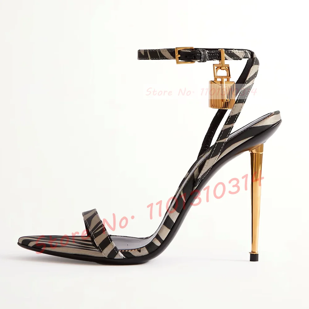 Padlock Zebra-print Satin Sandals Sexy Women Gold Pendant Metal High Heel Shoes Ladies Ankle Strap Summer Feminine Evening Shoes