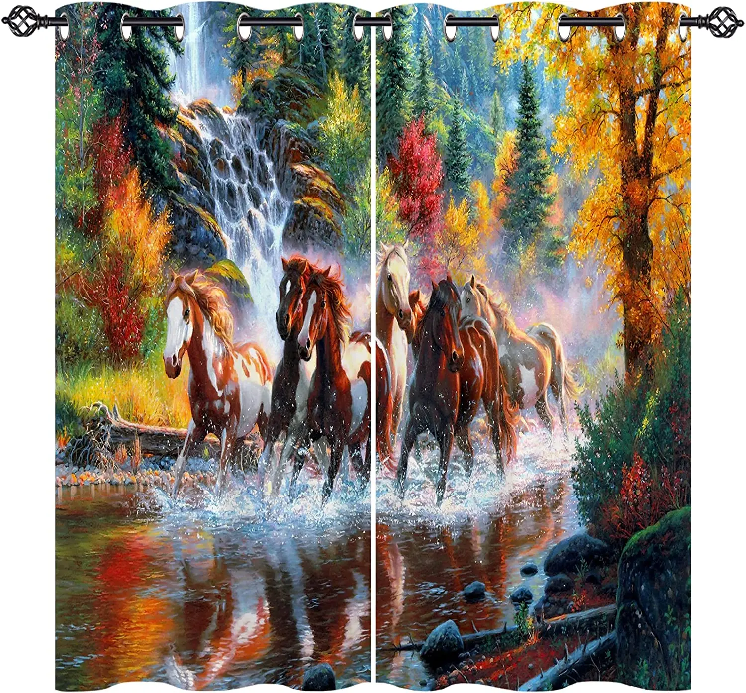 3D Print Pattern of Painting Art, Horses Running on Forest River Creek Curtains, 3D Print, Window Curtains for Bedroom, Living R