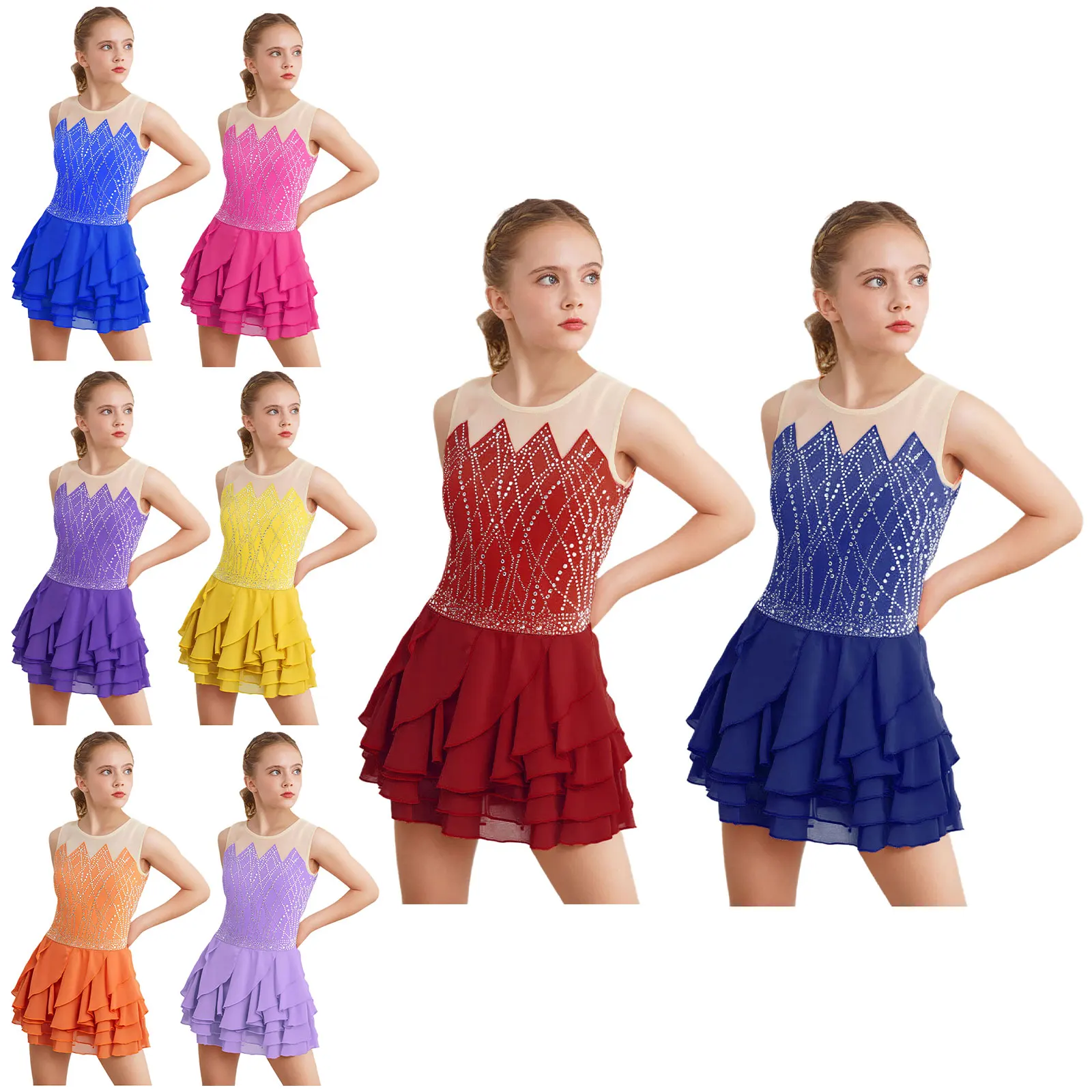 Robe de danse lyrique moderne pour filles, justaucorps respirant à boutons-pression avec strass scintillants pour compétition de danse de récital de classe