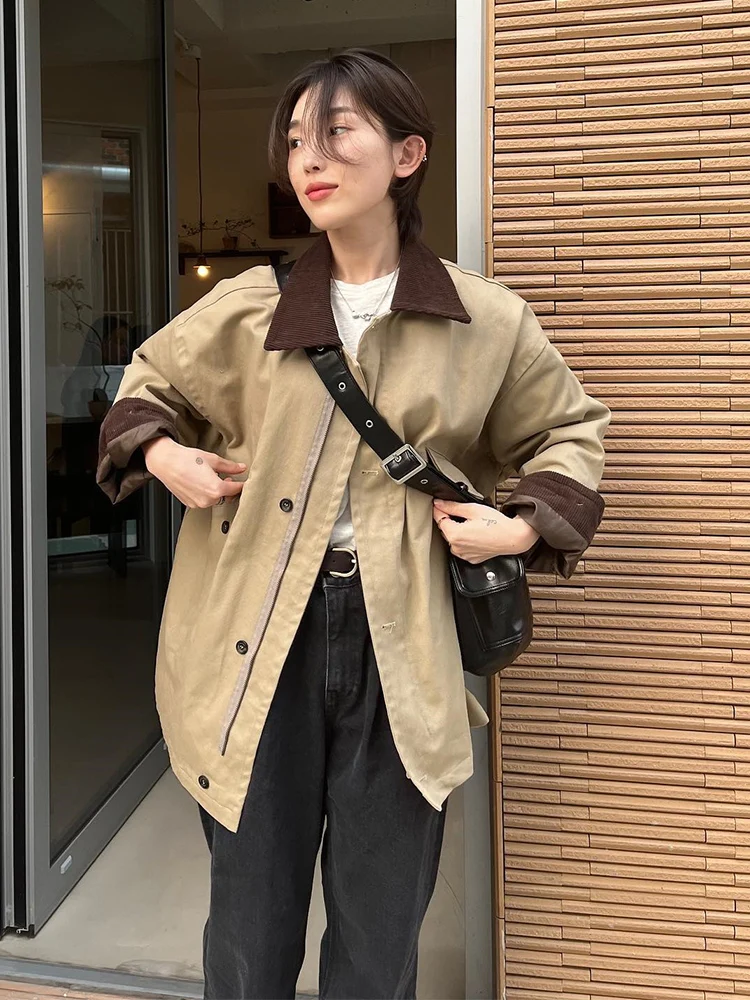 Casual ort Jaet Women's Windbreaker Stand Collar Splicing Loose Coat Ladies' Commuter Sle Button ket Detail Cotton B...