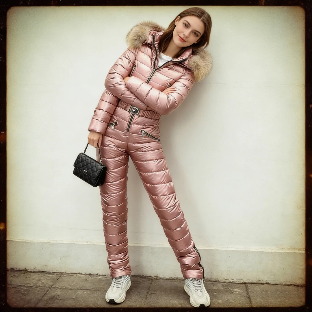 Jumpsuits One Piece Ski Suit Winter Thicken Snow Place Down Cotton Women Suits Warm Hooded Waist Slim Shiny Outdoor Sports view 5