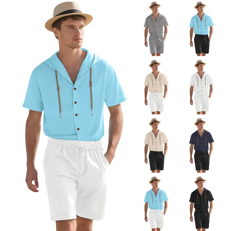 

2026 New Mens Linen Short Sleeve Button Shirt Shorts Set Summer Casual Travel Vacation Outfit Beach Loungewear Set