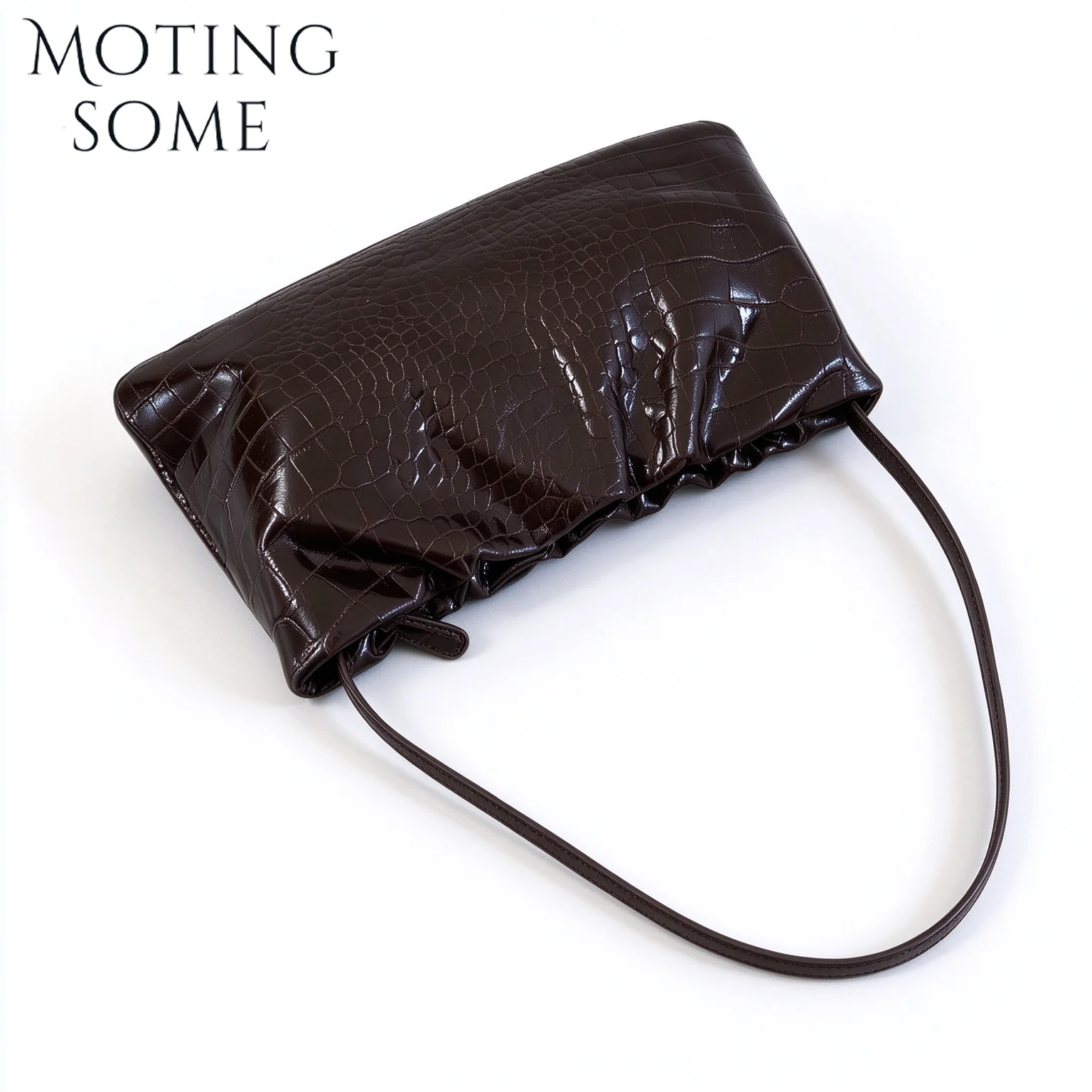 Motingsome Genuine Cowhide Crocodile Embossed Shoulder Bag Ruched Cloud Underarm Purse Glossy Retro Handbag Casual Commuter Bags