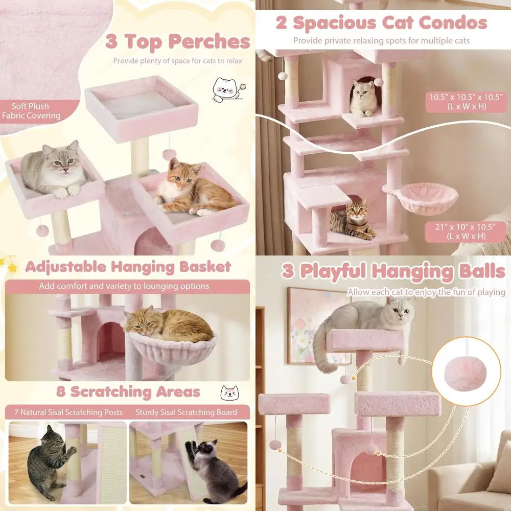 

Дерево для кошек 65 Pink с многоуровневыми площадками для отдыха, сизалевыми стойками, 2 домиками и подвесными игрушками