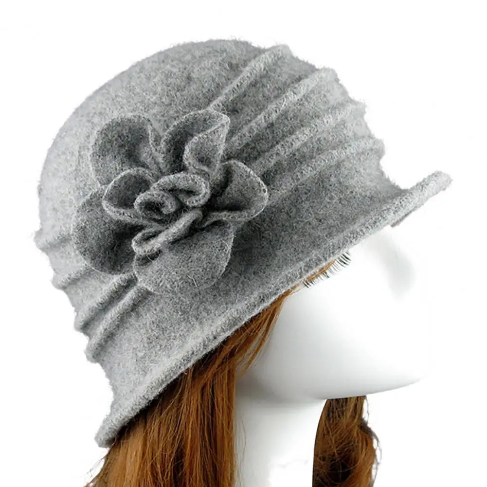 New in Women\'S hat Flower Decor Wide Brim Round Dome Woolen Hat Middle Aged Ladies Bucket Hat Dropshipping