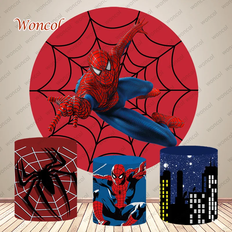 

Superhero Spiderman Round Cover Backdrop Boy Birthday Photo Backdrop Disney Theme Round Cylinder Cover Backdrop Photo Prop